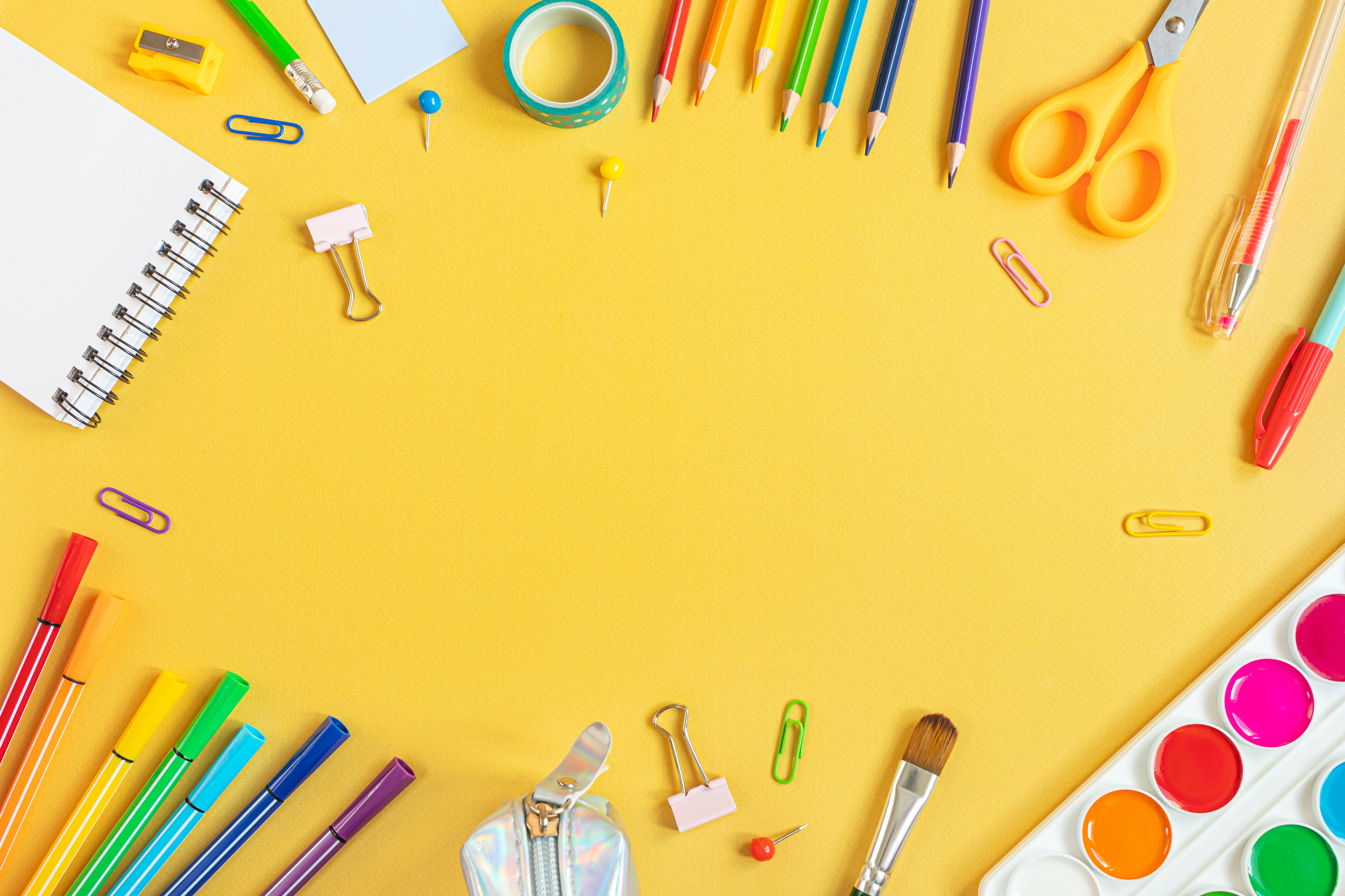 Concept back to school. School stationery flat lay